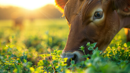Cow in a field at sunset. - obrazy, fototapety, plakaty