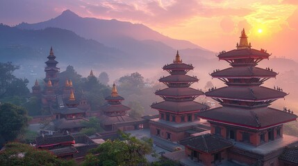 Nepalese palaces in the mountains - obrazy, fototapety, plakaty
