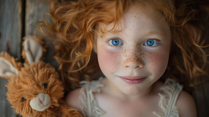 Fototapeta premium Child with red hair holding a teddy bear.