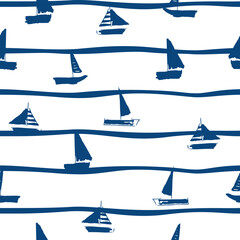 Seamless vector marine pattern with boat doodle style.
