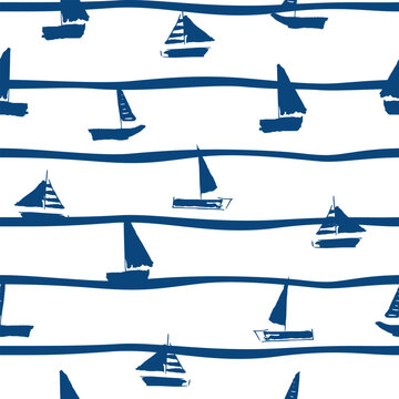 Seamless vector marine pattern with boat doodle style.