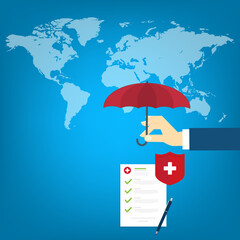 Medical healthcare insurance. Red shield on patient protection policy and pen on a world map background. International health insurance concept.	