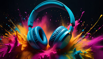 Headphones on a colorful background. It's evident that music is playing from them. Generative AI.

 - obrazy, fototapety, plakaty
