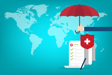 Medical healthcare insurance. Red shield on patient protection policy and pen on a world map background. International health insurance concept.	