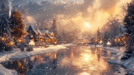 A snowy Merry Christmas background with a picturesque village covered in twinkling lights, snowmen, and a frozen pond for ice skating