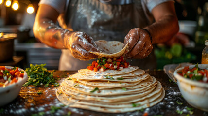 Person making tortillas with vegetables. - obrazy, fototapety, plakaty
