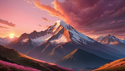 The last rays of the sun casting a warm alpine glow on a majestic snow-covered mountain peak. AI Generation