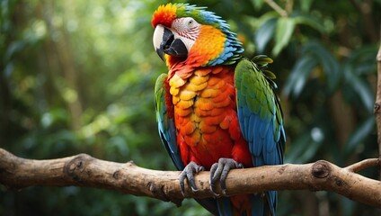 A beautiful  parrot sitting on a bench