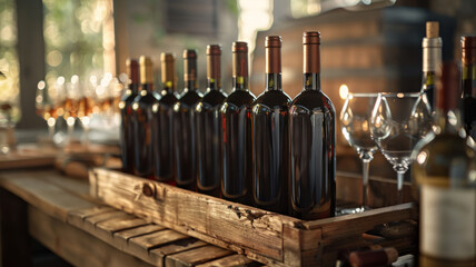 Bottles of wine on wooden table - obrazy, fototapety, plakaty