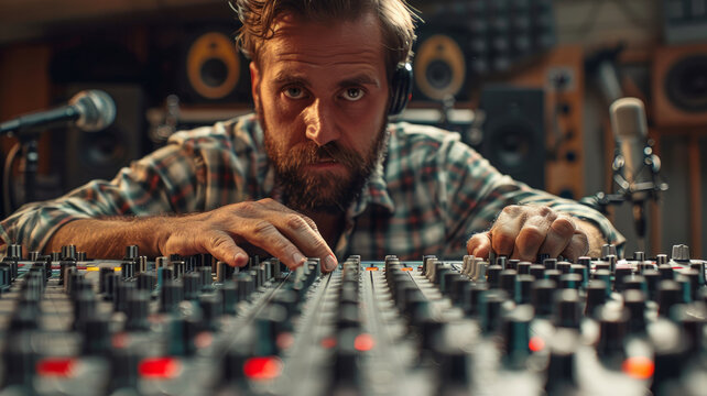 Man adjusting soundboard in studio