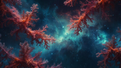Abstract coral galaxy sky, vibrant and ethereal. - obrazy, fototapety, plakaty