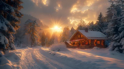 Foto op Canvas A snowy winter landscape with a charming wooden cabin surrounded by evergreen trees, decorated with festive lights and a wreath on the door © Qadeer