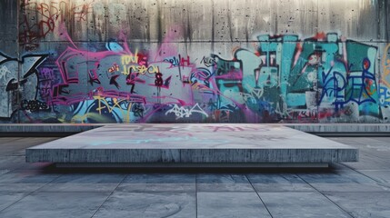 Let this podium transport you to the streets of a bustling metropolis where grungy concrete walls are the canvas for vibrant graffiti . .