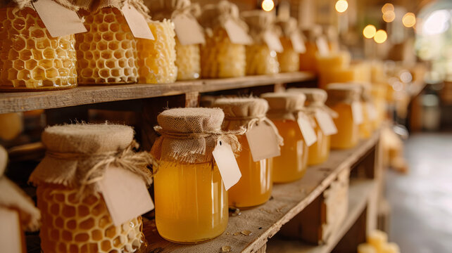 Honey jars on wooden shelves.