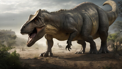 Fototapeta premium Great dinosaur. Dinosaur era. Menacing teeth. Generative AI.