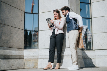 Two professional young businesspeople discussing strategies with a digital tablet against a modern city building background.