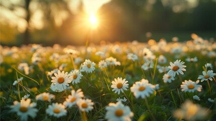 A vibrant meadow full of daisies and various flowers blooming under the clear blue sky, capturing the beauty of nature in full bloom - obrazy, fototapety, plakaty