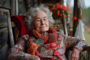 A portrait of a senior woman in a rocking chair, knitting, as each stitch represents a nugget of wis - obrazy, fototapety, plakaty