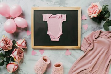 Pregnancy announcement with pink balloons and roses, featuring a black letterboard and baby onesie for an intimate family celebration of the upcoming birth, joy and anticipation