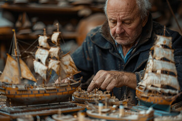 A retired man building intricate model ships, each vessel capable of sailing on actual water, as if