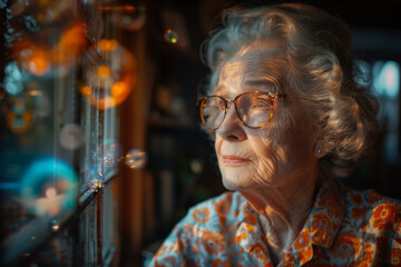 Obraz premium A senior woman listens to a vintage music box; as the melody plays, the room fills with a holographi