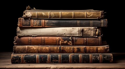 A stack of old books with weathered covers and yellowed pages, each one bearing the texture of time...