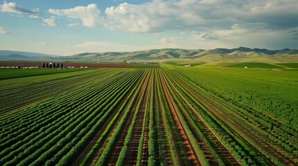A drones aerial view captures a vast landscape of farmland where s of irrigation equipment can be seen powered by biofuels. The image showcases the widespread adoption of sustainable . - obrazy, fototapety, plakaty