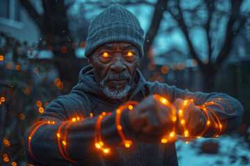 An elderly man using resistance bands in his backyard, the bands glowing with energy as he stretches - obrazy, fototapety, plakaty