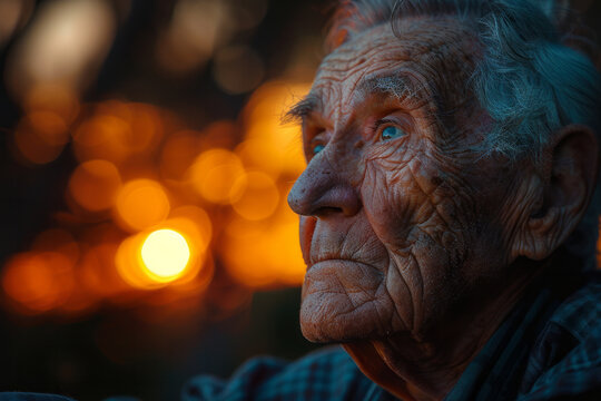 An elderly man watching the sunset, his eyes reflecting the changing hues, mirroring his thoughts on