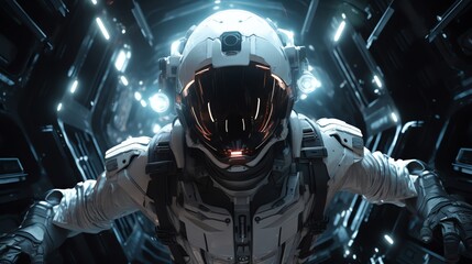 Fototapeta premium Craft a suspenseful image of a hi-tech robotic suit exploring a haunted spaceship, blending elements of horror and technological advancement.