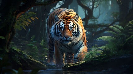 Fototapeta na wymiar Craft a pixel art version of a fierce tiger hunting its prey in a dense jungle, showcasing the essence of survival Blend the intensity of drone photography.