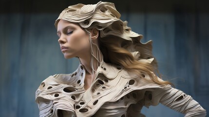 Imagine a world where fashion meets dystopia in a mesmerizing abstract artwork Use clay sculpture to convey the blend of elegance and decay, shaping a distinct style.