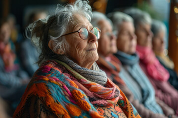 An image of a group therapy session for seniors, where each participant's spoken feelings manifest a - obrazy, fototapety, plakaty