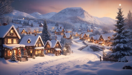 Winter landscape featuring cottages and mountains. Generative AI.

