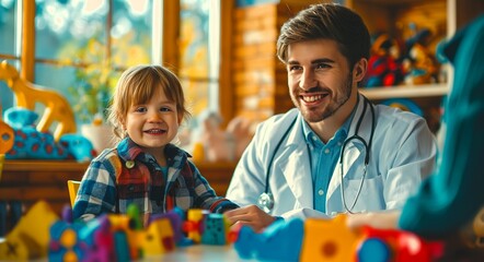 A smiling doctor conducting a thorough examination of a young child. generative ai illustration. - obrazy, fototapety, plakaty