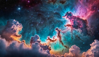 Vivid cosmic clouds swirl in a stellar nursery, a vibrant and colorful depiction of space nebulae where stars are born. AI Generation - obrazy, fototapety, plakaty