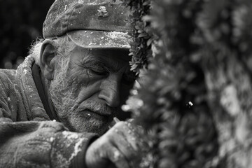 An old gardener sculpting topiaries that whisper stories of the past when the wind passes through th