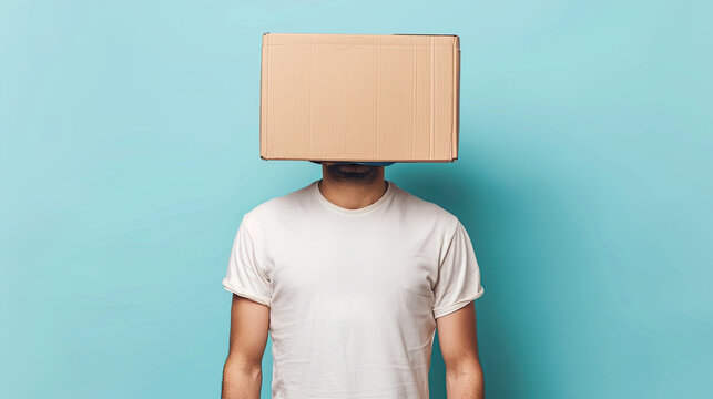Young man in a white T-shirt with a cardboard box on his head on pastel blue background