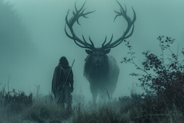 Hunting in the Mist: A moody, fog-laden landscape where archaic humans use primitive spears to steal