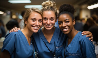 Three Women in Scrubs Posing for a Picture - Powered by Adobe