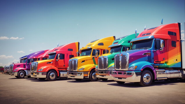 A row of five semi trucks with different colored cabs
