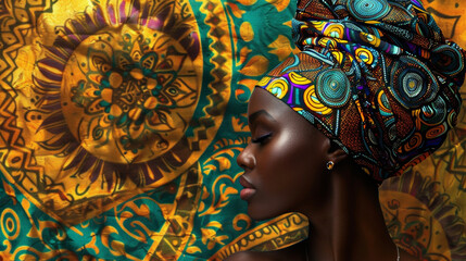 Fototapeta na wymiar The image of a beautiful black woman is captured in profile her dark skin glowing against a backdrop of vibrant fabric. She wears a headwrap adorned with intricate patterns symbols .
