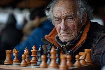Foto op Plexiglas A grandfather who participates in online chess tournaments, his moves guided by an AI coach that hel © Natalia