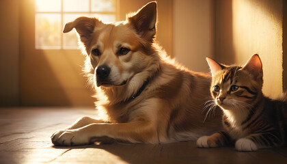 Dogs and cats playing together. Canine love for cats. Generative AI.

