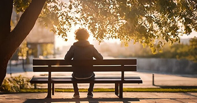 Warm glow of sunset surrounds a solitary person sitting and contemplating on a park bench
