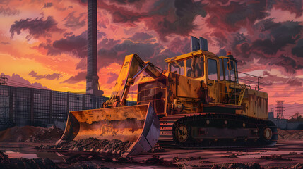Amidst an industrial construction site, a yellow bulldozer with a shovel excavates under the sunset sky. - obrazy, fototapety, plakaty