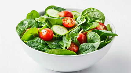 Salad bowl is white and it is filled with spinach