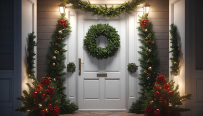 Fototapeta na wymiar Holiday decorations on the doors. Generative AI.