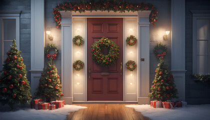 Holiday decorations on the doors. Generative AI.

 - obrazy, fototapety, plakaty