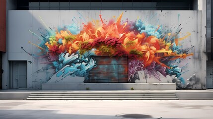A textured concrete wall with graffiti art covering its surface, adding bursts of color to an urban landscape